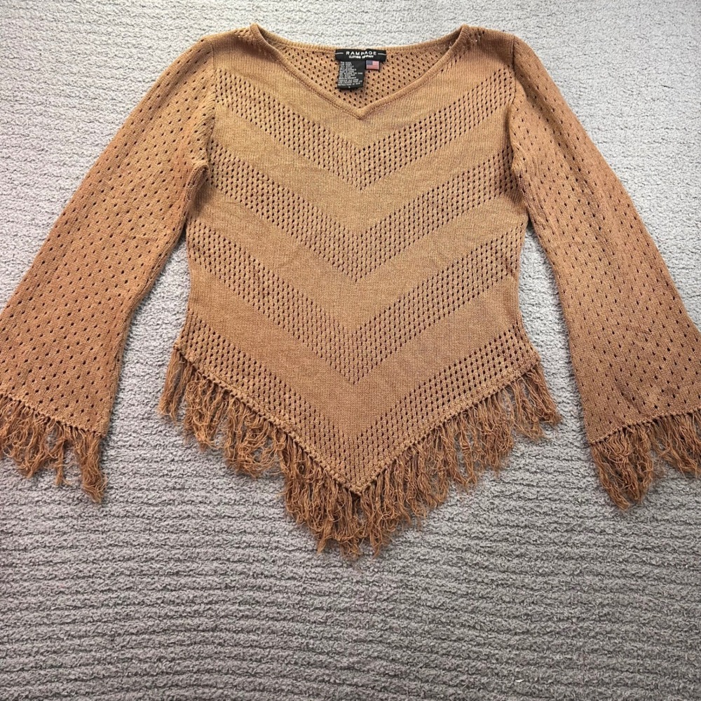 Rampage Sweater Crochet Fringe Tan Large Boho Vintage 70s Festival Bell Sleeve